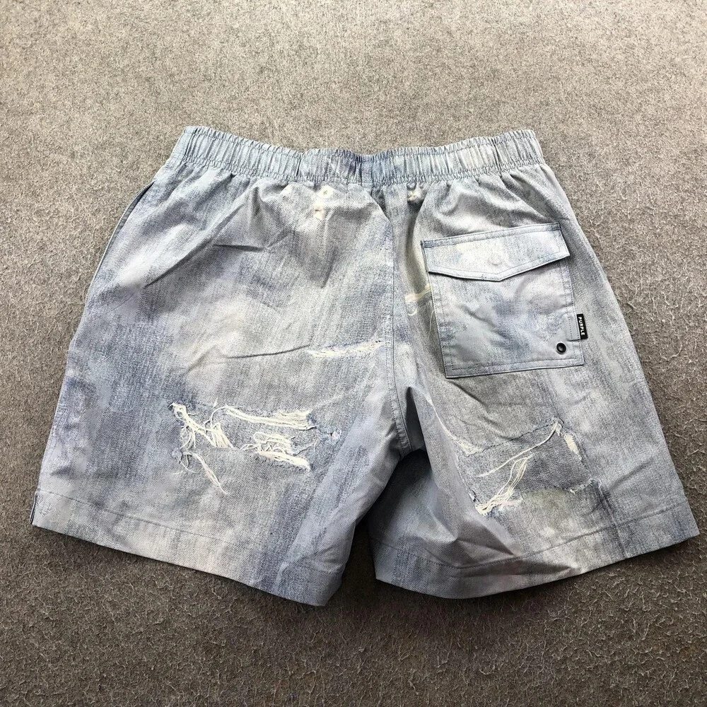 Purple Brand Swim Trunks Mens Medium Blue Distressed Denim Mesh Lined Shorts
